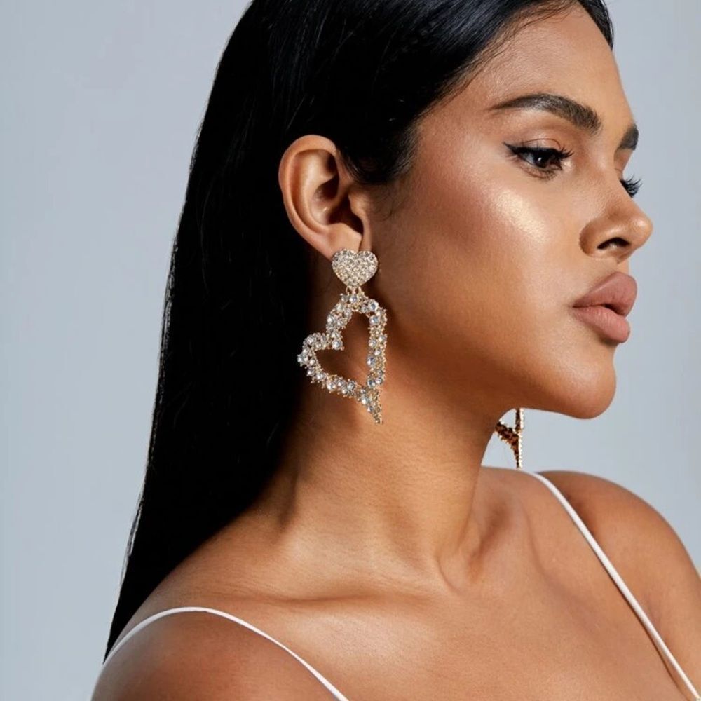 Statement Rhinestone Heart Drop Earrings - image 2